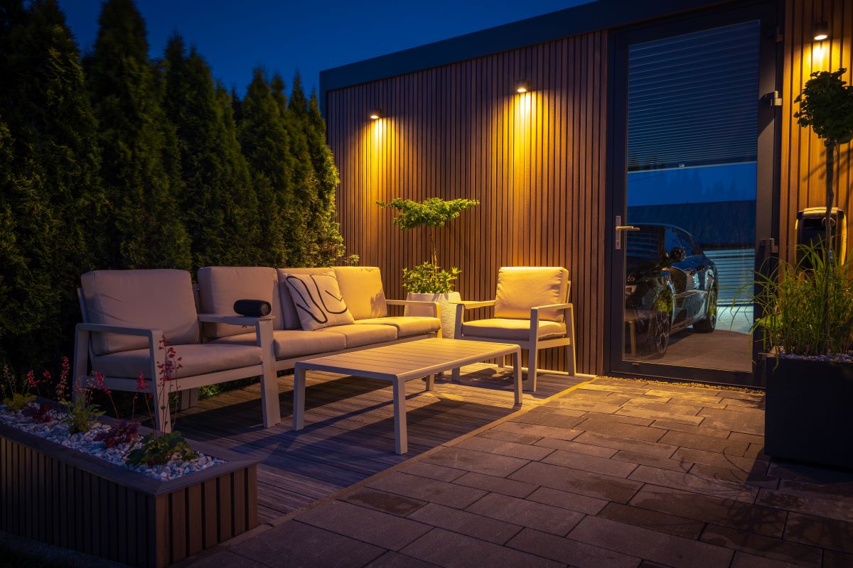 outdoor terrace with neutral furniture