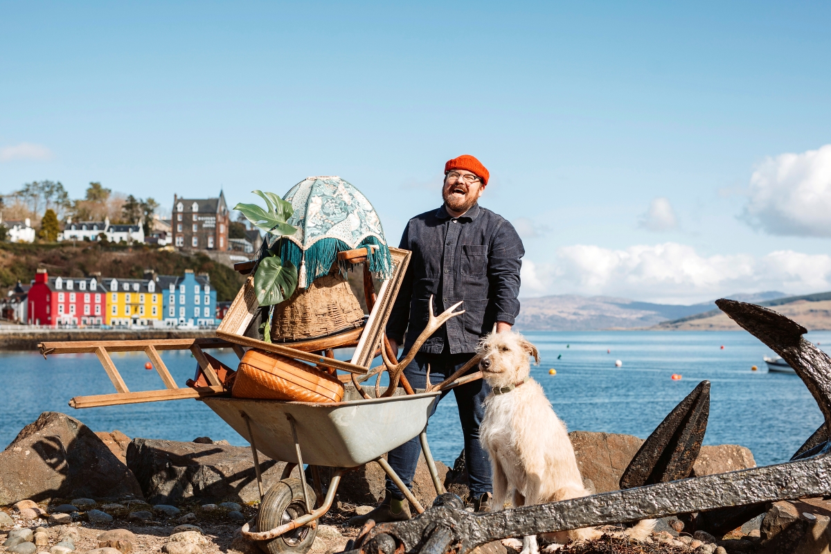 designing the hebrides with banjo beale - tv presenter stands on Tobermory 