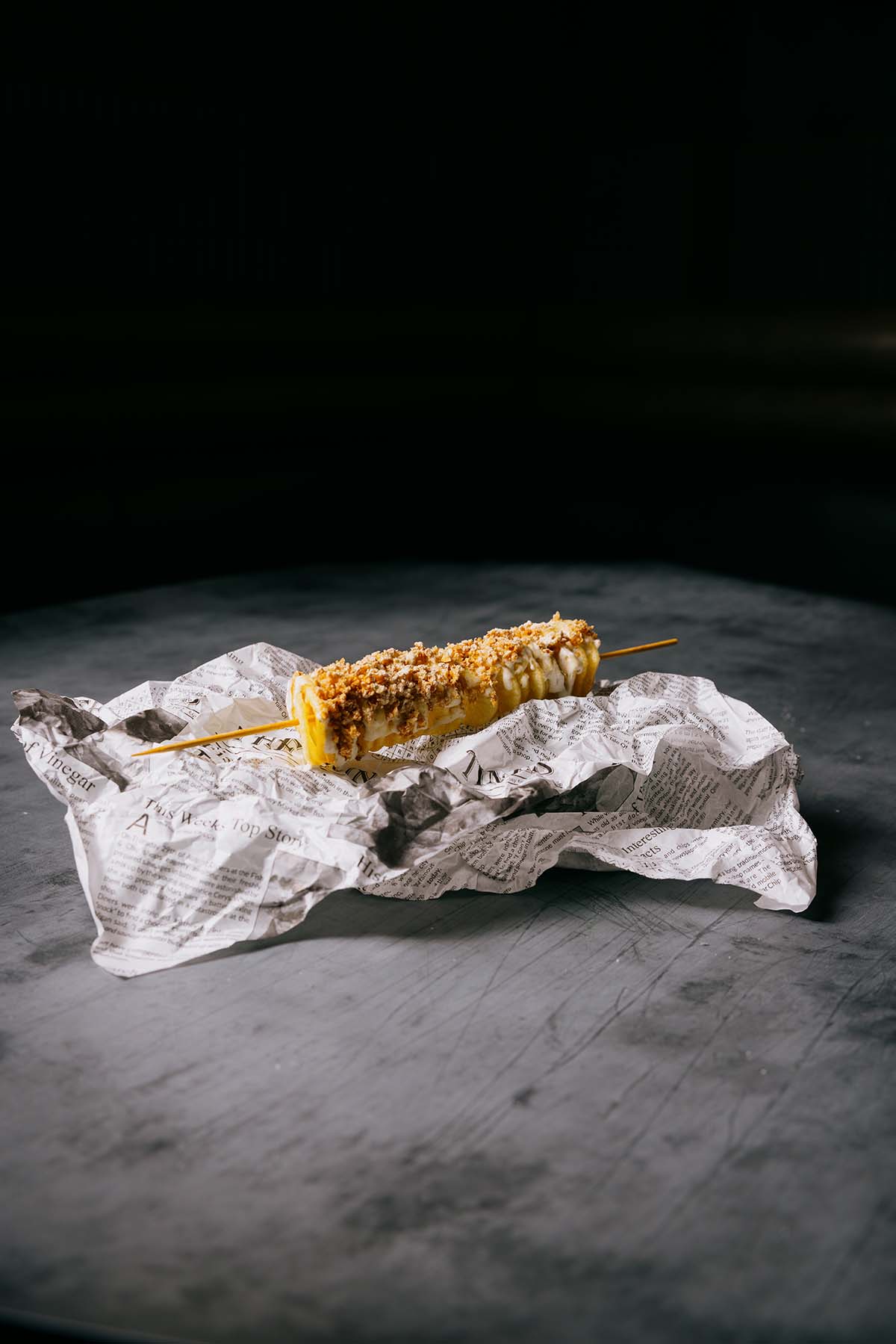 chip on a stick dish on chippie club menu at sole club in glasgow with pea pesto