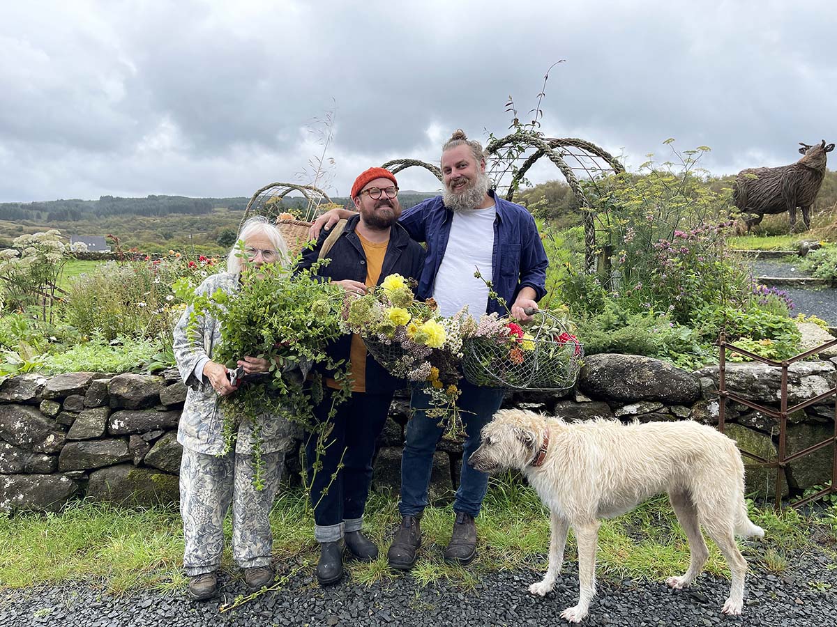 banjo beale with husband ro and elderly friend on farm in scottish islands