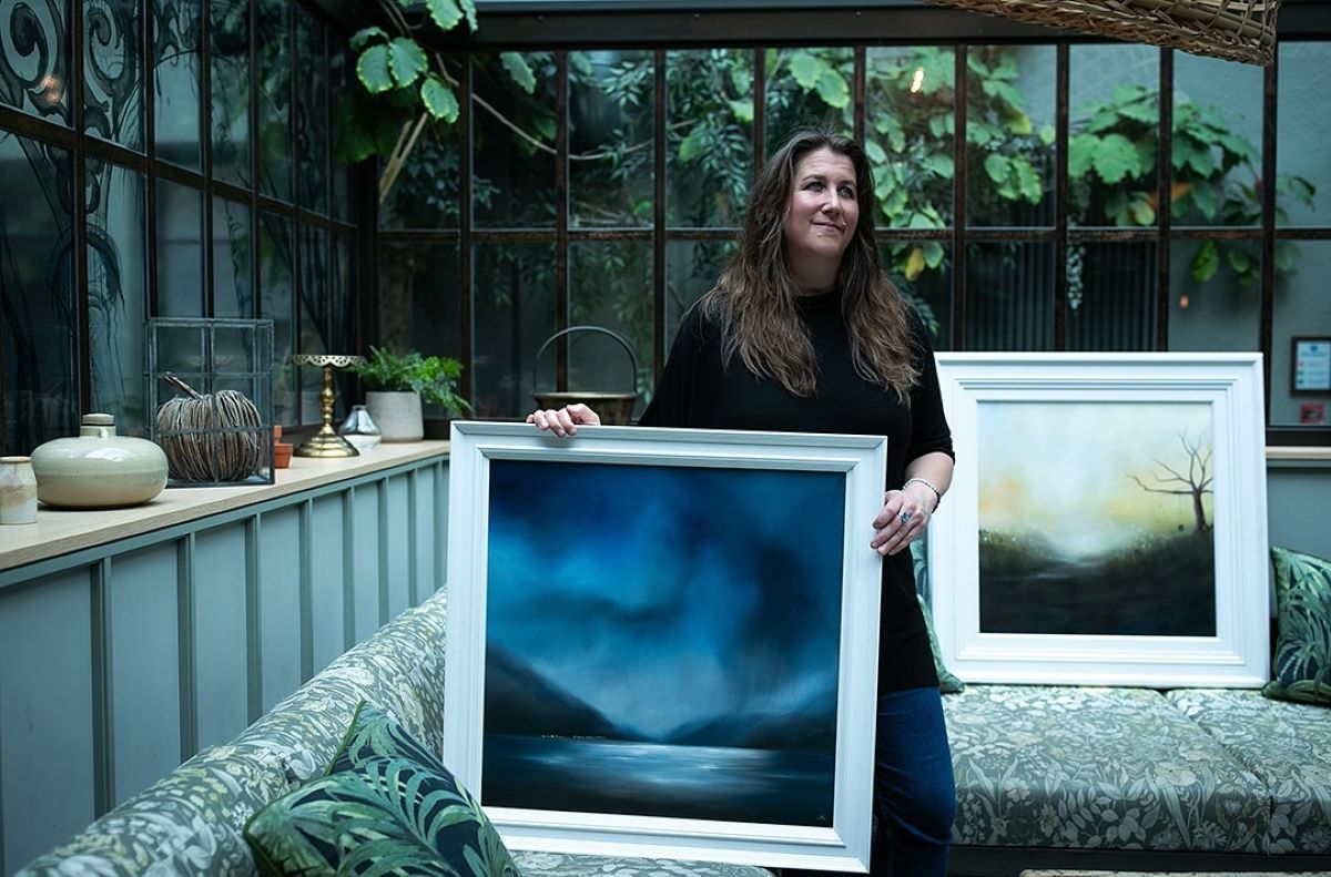 artist gill knight with one of her recent paintings in scotland