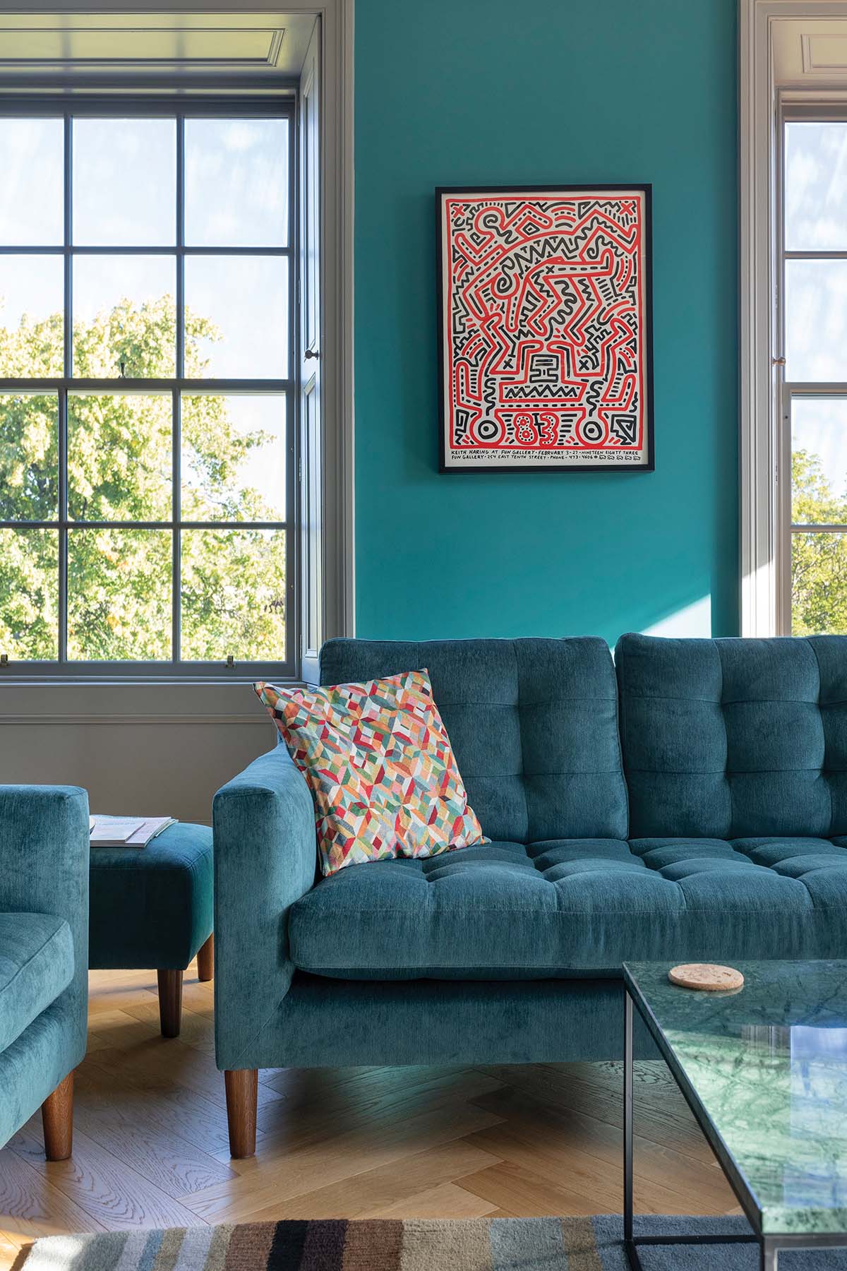 blue lviing room in edinburgh georgian apartment by john jeffrey and photographed by alix mcintosh