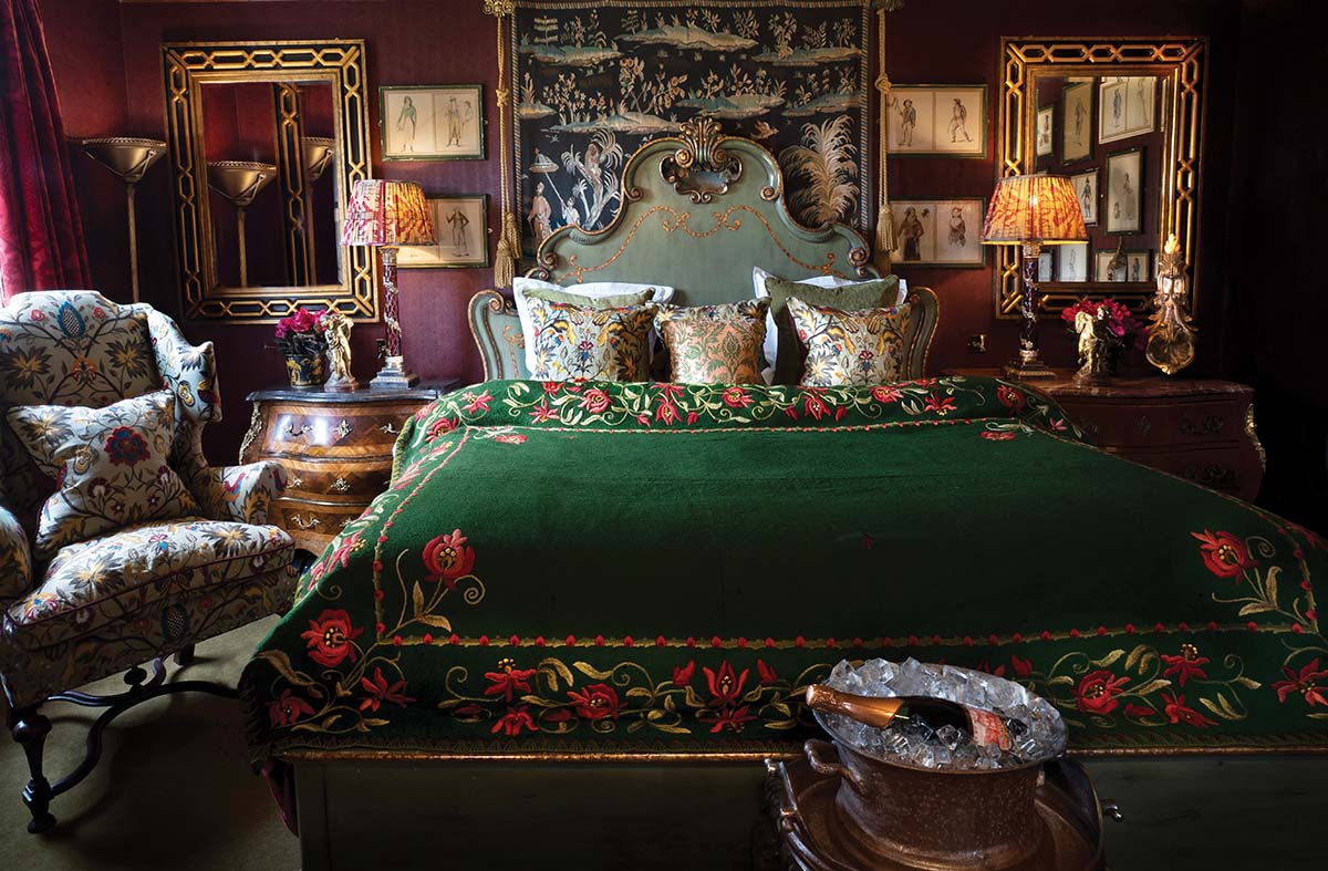 luxurious bedroom with velvet and pattern at prestonfield house in edinburgh