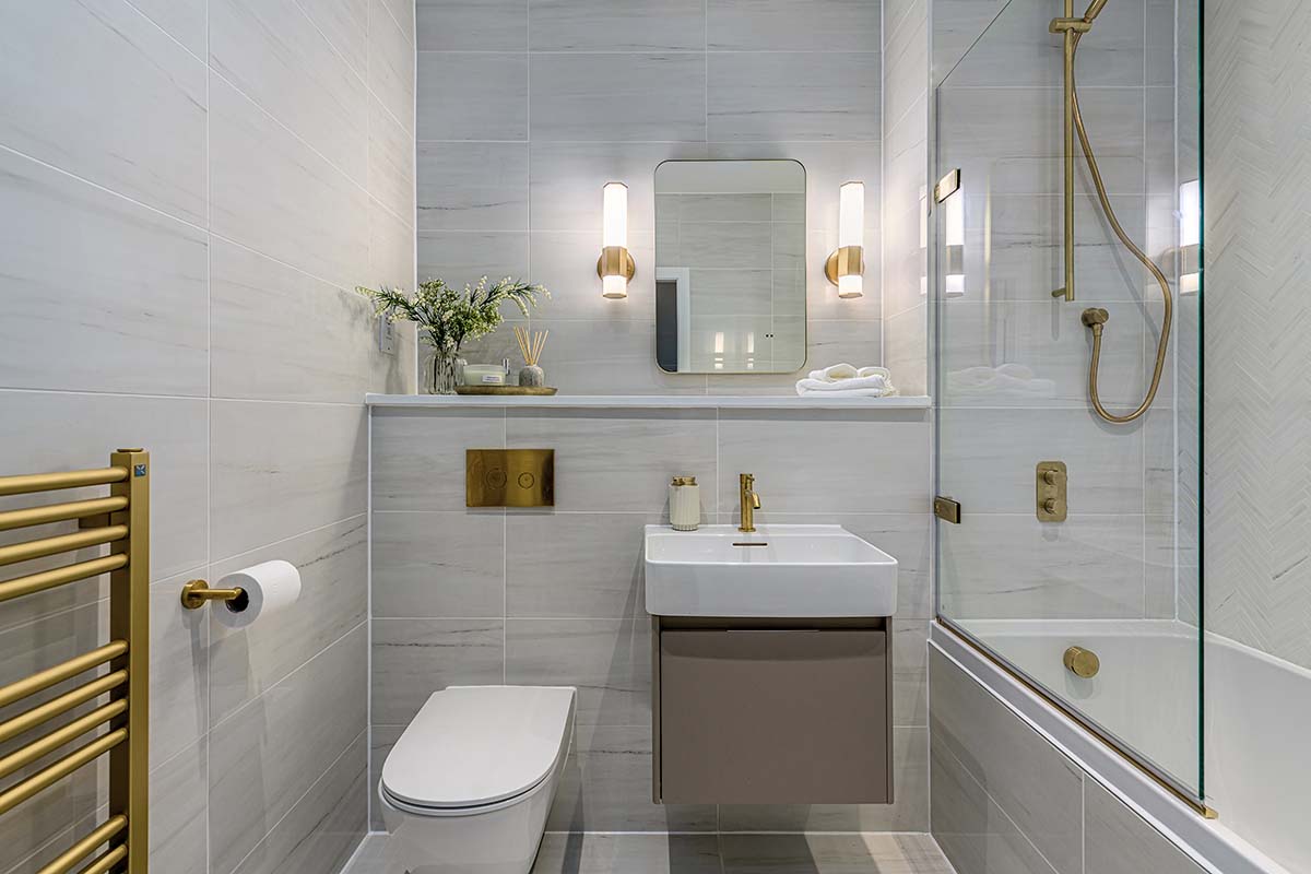 Main bathroom of the show apartment at Kelvin Properties The Old School House development in Glasgow, interior design by Fotheringham Interiors