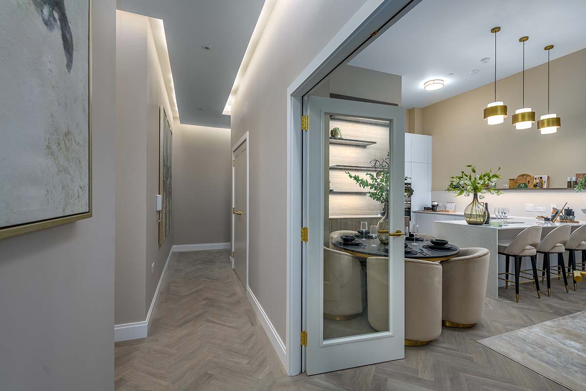 Hallway of the show apartment at Kelvin Properties The Old School House development in Glasgow, interior design by Fotheringham Interiors