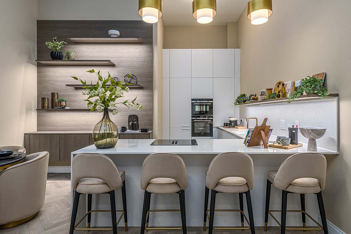 Dining area of the show apartment at Kelvin Properties The Old School House development in Glasgow, interior design by Fotheringham Interiors