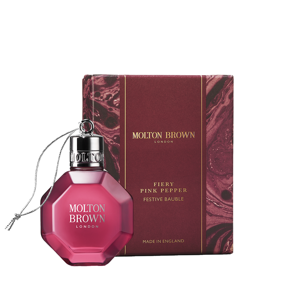 Festive shower gel Christmas tree bauble by Molton Brown featuring the scent Fiery Pink Pepper