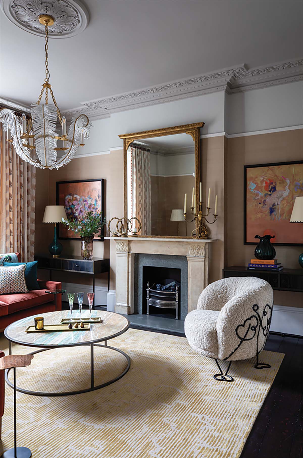 Creative living room in a grand townhouse on Primrose Hill in London, designed by Collette Ward Interiors with equal measure of flare and grace