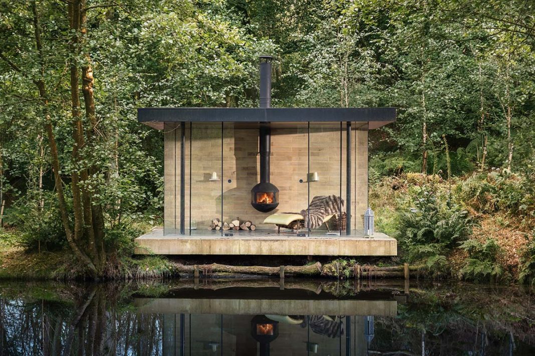 This glass reading room ‘floats’ above the crayfish pond at Rhapsody, a Unique Homestays property in Surrey in an at home spa setup