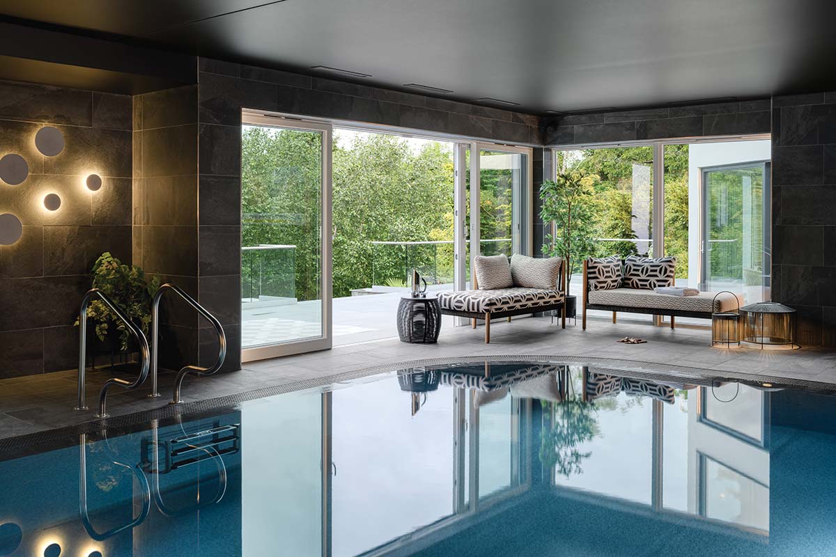 Pool house and indoor swimming pool in grand four-bedroom 1960s villa in Glasgow