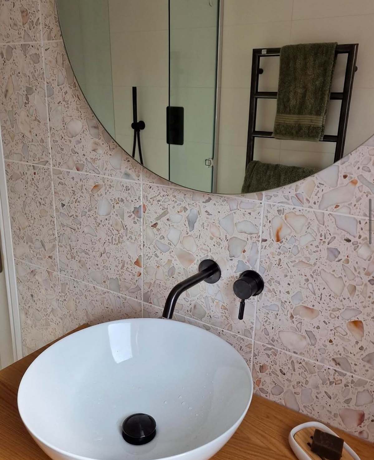 terrazzo tiles in pink and white inspired by the colours of summertime in bergamot italy