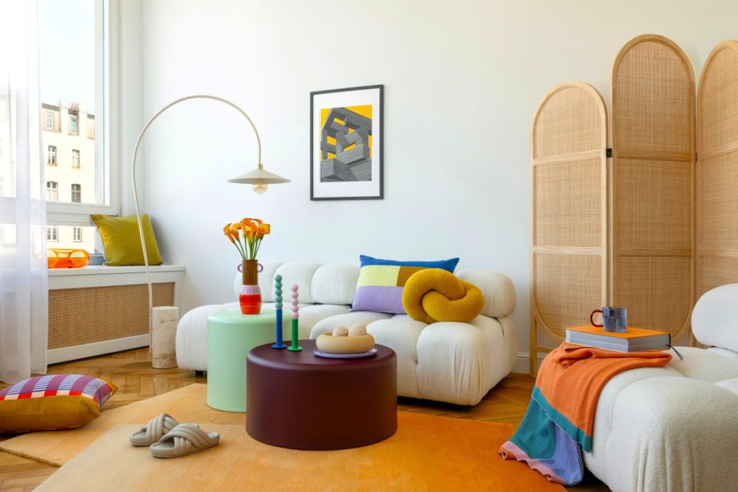 a colourful house with abstract cushions and Bauhaus inspired design