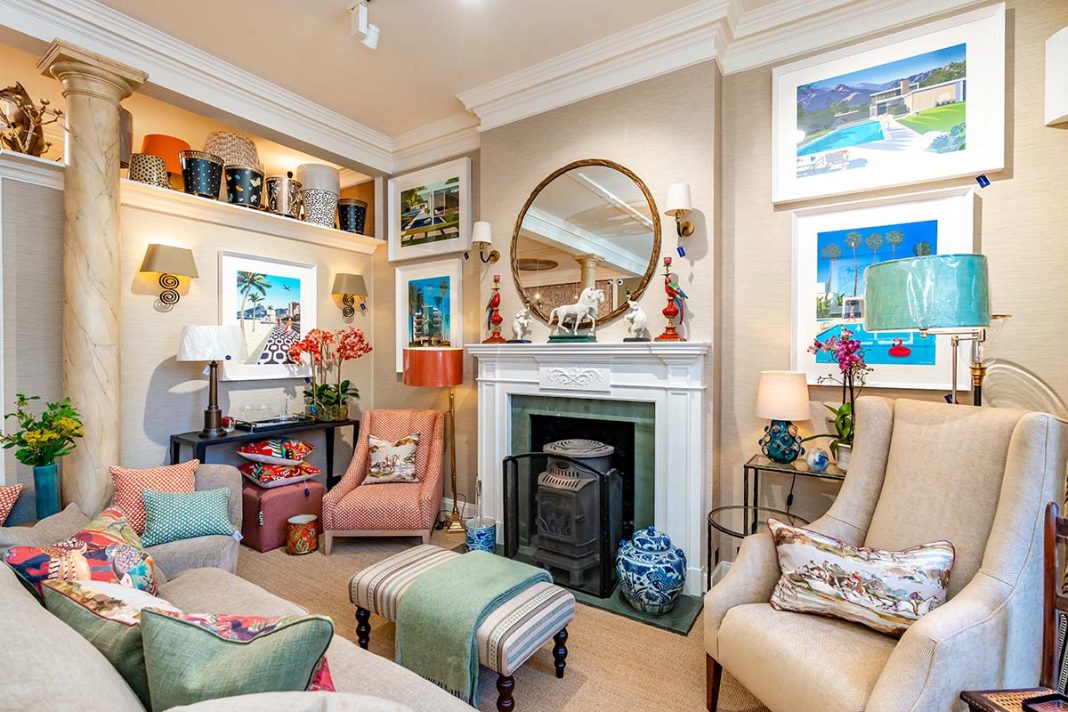 Farmore Interiors, sitting area with large fireplace and an array of globally-sourced pieces