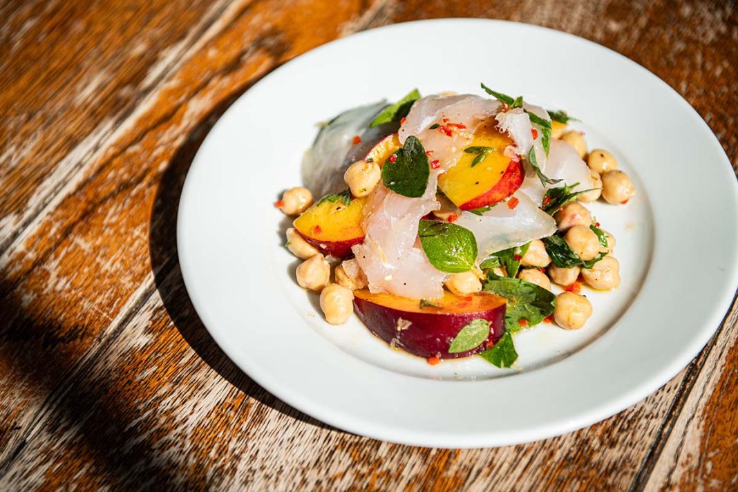 Salt hake and peaches with chickpeas, oregano and chilli from The Palmerston in Edinburgh