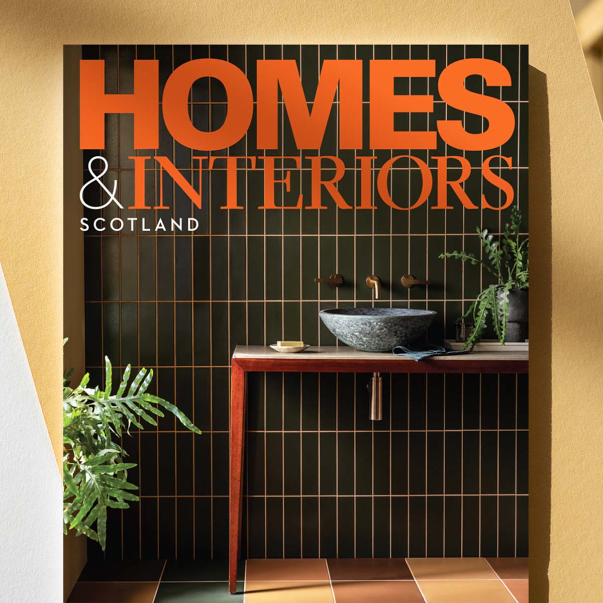 Front cover of Homes & Interiors Scotland magazine, featuring Mandarin Stone Soho porcelain collection, photographed by Oli Douglas