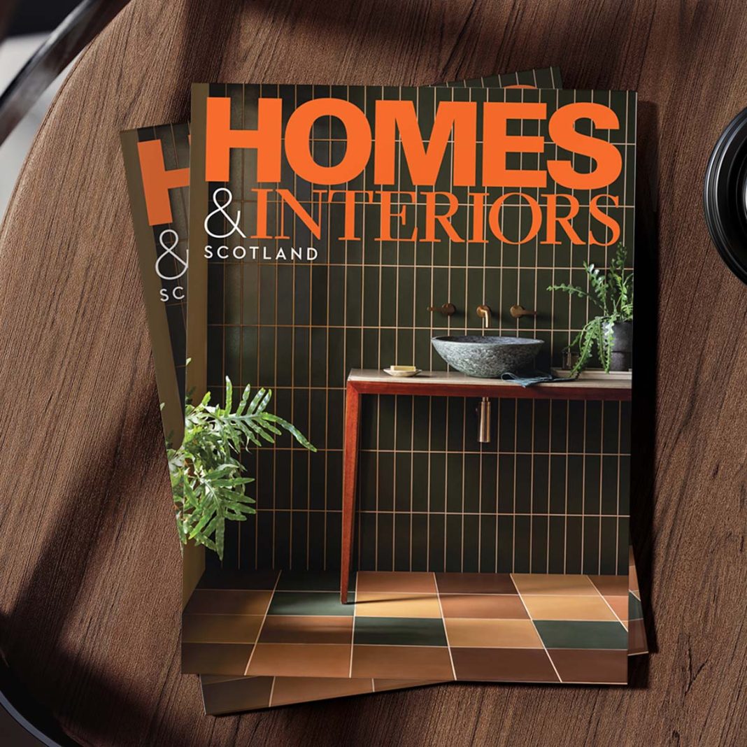 Front cover of Homes & Interiors Scotland magazine, featuring Mandarin Stone Soho porcelain collection, photographed by Oli Douglas
