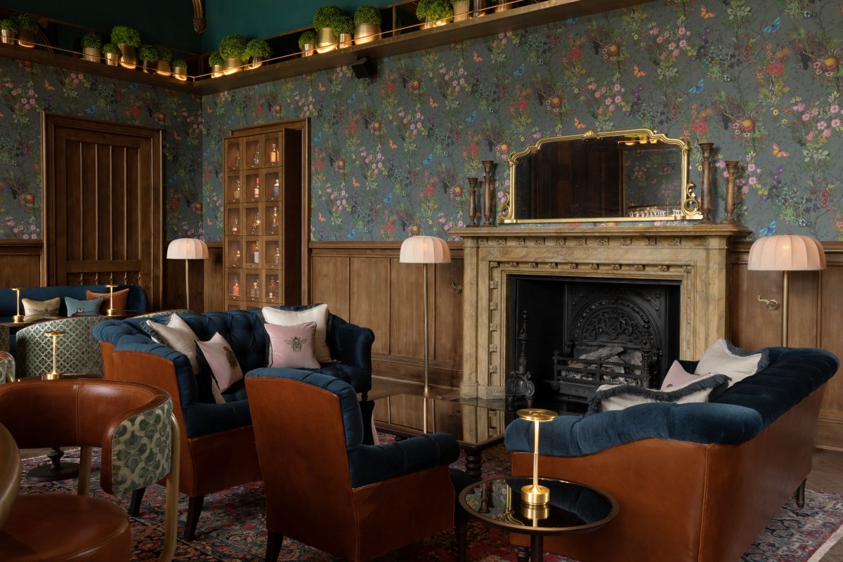 Bar and lounge area in Mar Hall with Timorous Beasties wallpaper