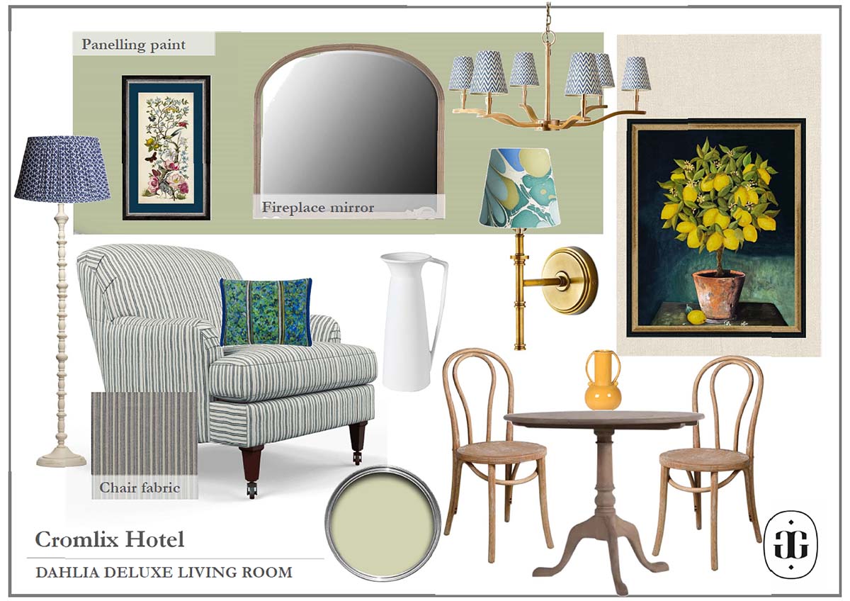 living room of the Dahlia Suite at Cromlix hotel mood board by Suzanne Garuda