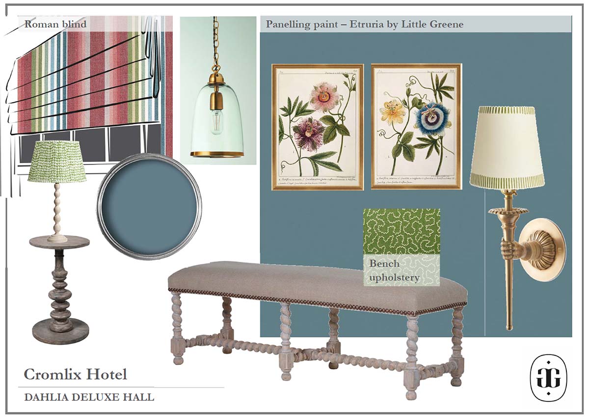 Hallway of the Dahlia Suite at Cromlix hotel mood board by Suzanne Garuda