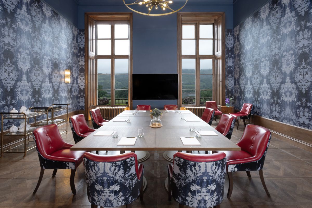 Supplied by Timorous Beasties. The Study in Mar Hall with wallpaper and chair upholstering by Timorous Beasties