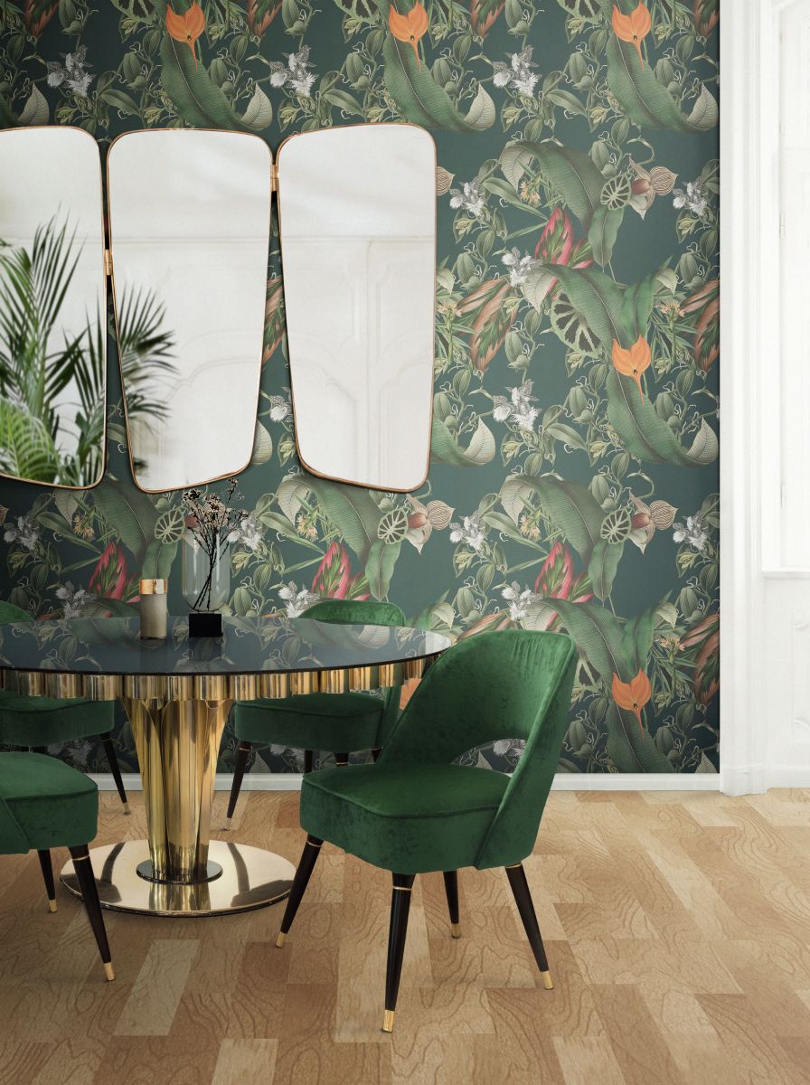 wormley round dining table and floral wallpaper add character