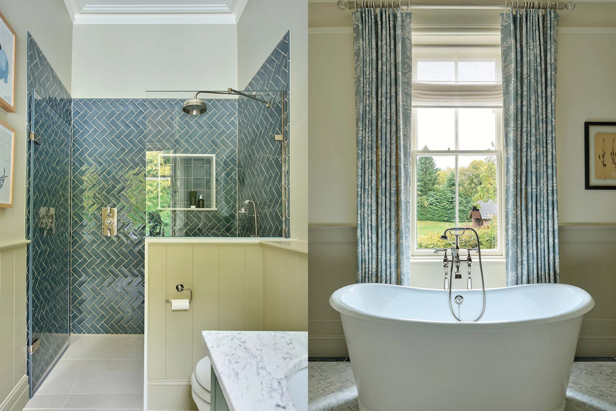 bathroom with rainfall shower, blue tiling and freestanding bathtub with a view of the countryside in this granite mansion from the Victorian era in Aberdeenshire