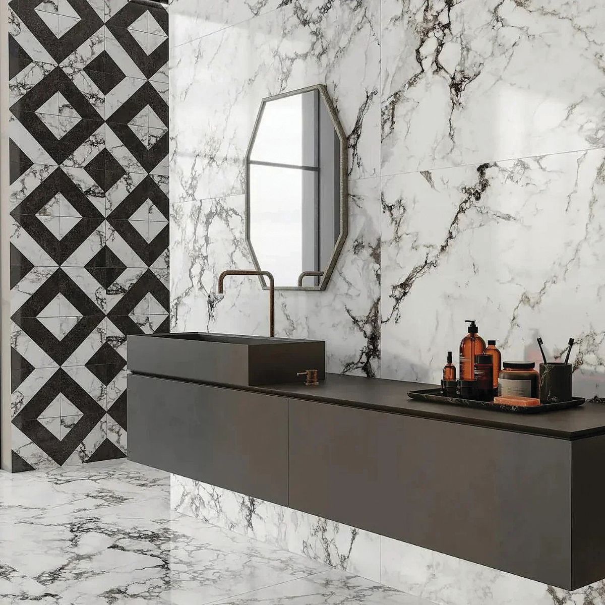 bathroom decorating ideas with marble and checkerboard tiling as splashback