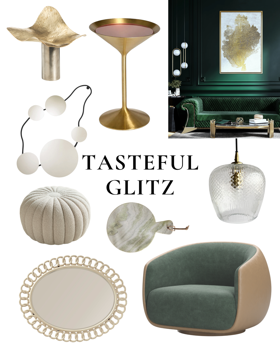 tasteful glitz makes a house a home. here we have green and gold furniture and gold interior design elements from Rockett St George