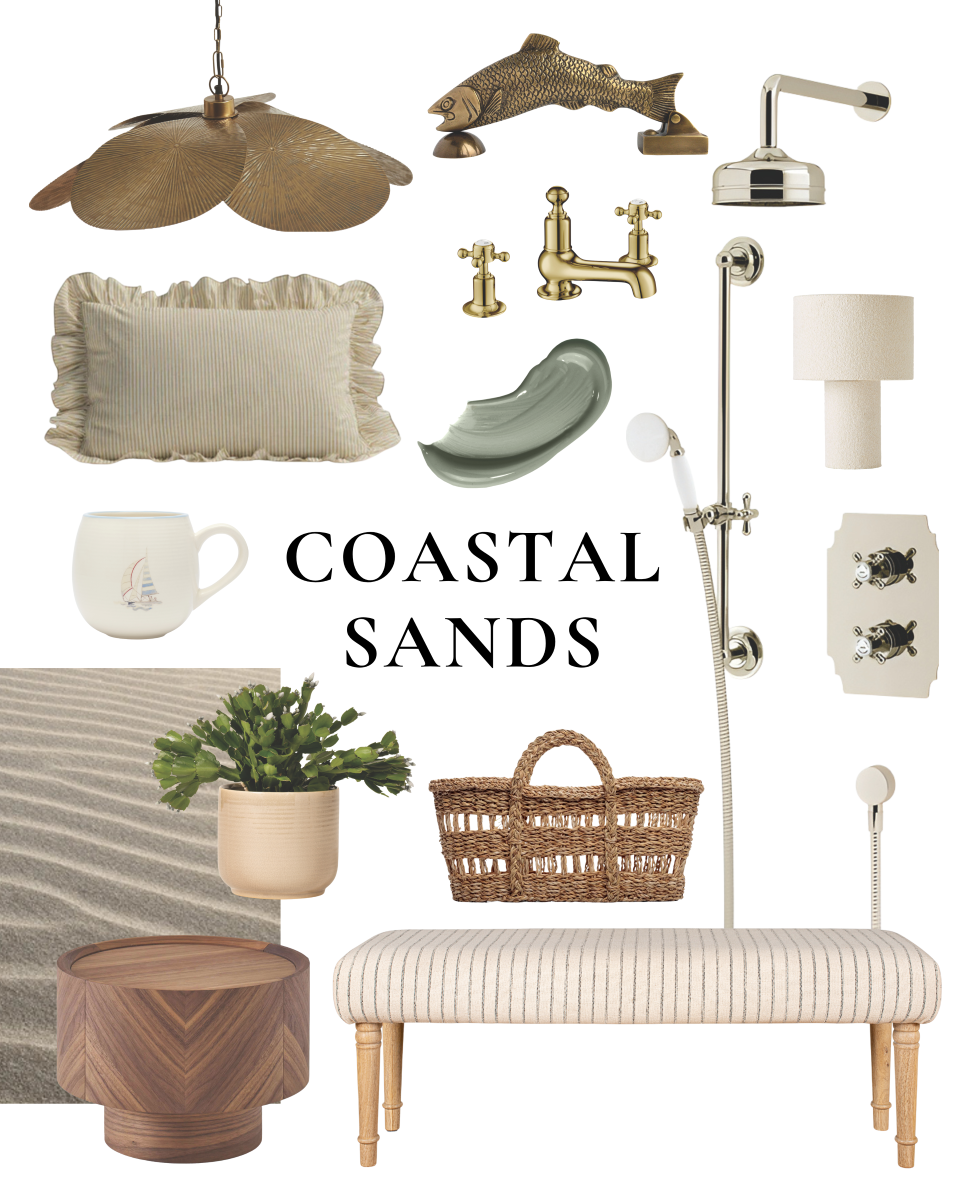 coastal sands home with a brown wicker basket for blankets, nautical mugs, brass showers, ornamental doorknobs, striped coastal cushions and houseplants that survive in dark areas of the home 