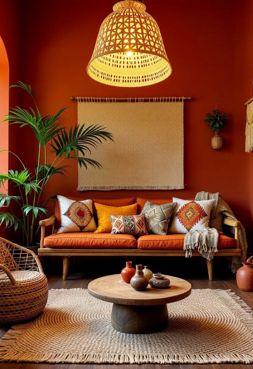 afrohemian living room with rattan pendant light casting shadows on terracotta walls wooden sofa with mud cloth cushions and jute rug. 2026 interior design trends and advice