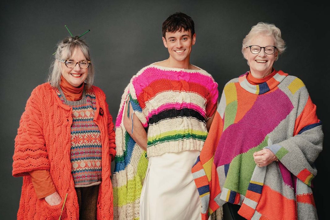 Judge Di Gilpin, presenter Tom Daley and judge Shela Greenwell from BBC's Game of Wool