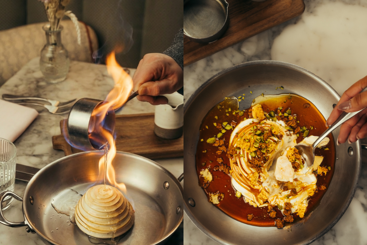 Heather honey baked Alaska, served with Scotch, oats and pistachio, finished tableside for a touch of theatre