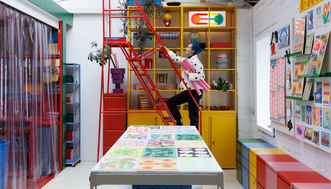 Gabriella Marcella of RISOTTO Studio in preparation for the opening of RISO CLUB 100 at the Glue Factory Galleries in Glasgow. The free, immersive and interactive exhibition runs from 11th -19th April