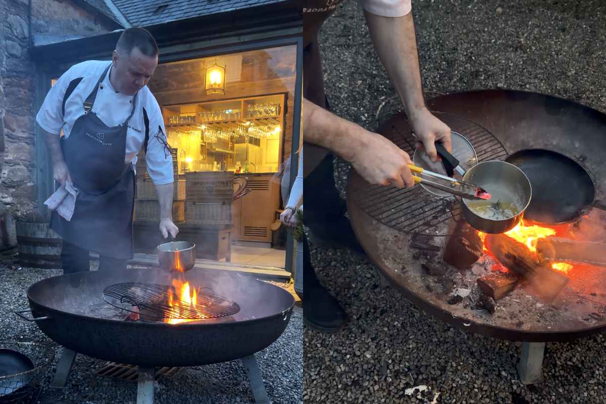 Chef and Cook School tutor Dereick Rushton smoaks salted butter over open fire at Ballintaggart Farm