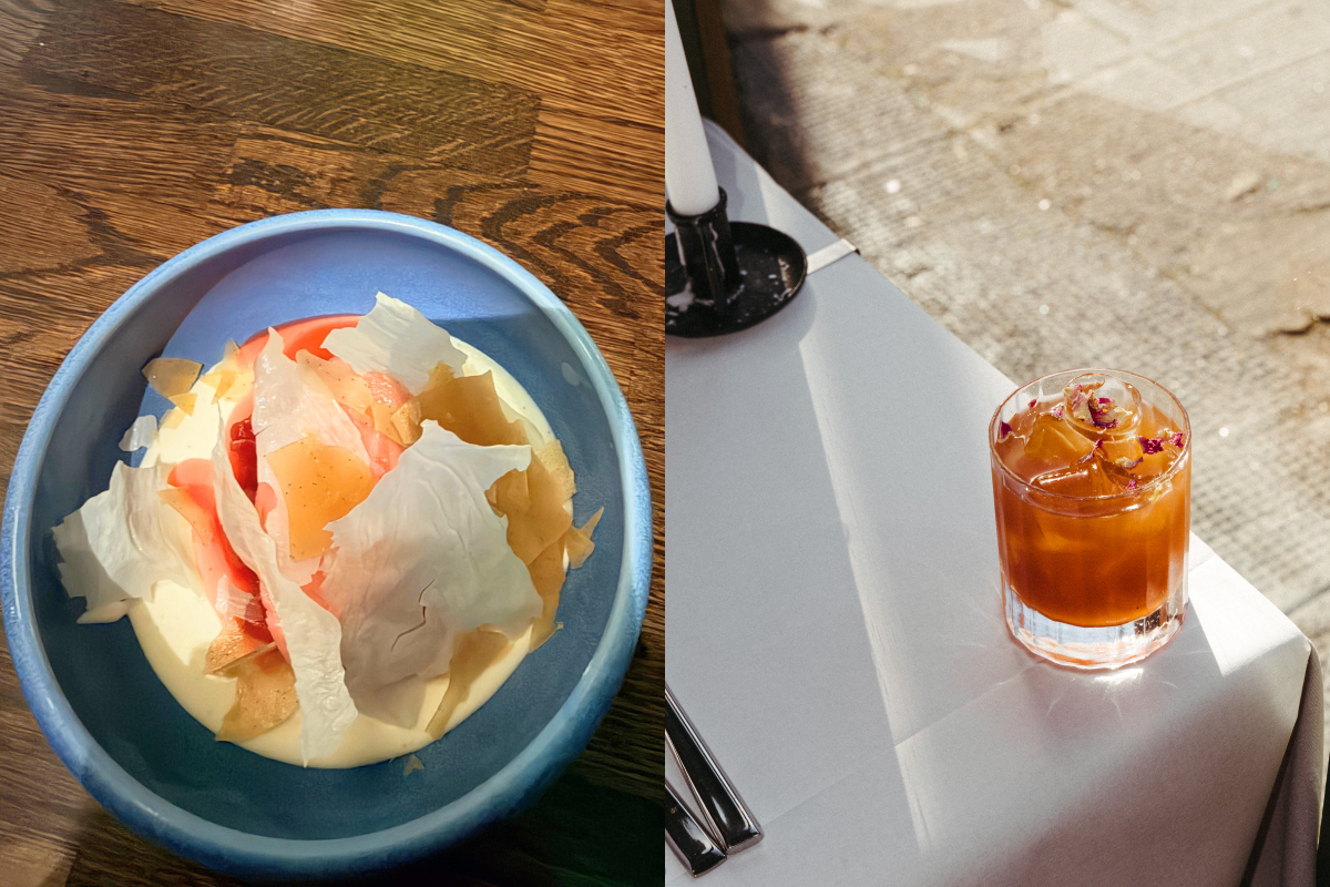 dessert, little blue bowl houses one perfect quenelle of bright pink sorbet, which is cradled by a moat of crème fresh mousse; Rose Old Fashioned cocktail
