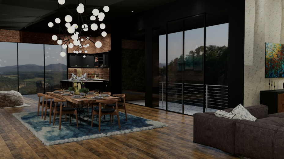 moody interior with yoga studio and window wall