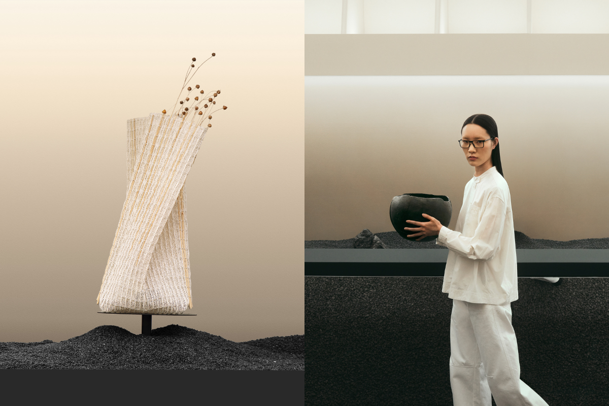 white light and fabric lamp with range rover ceramics at milan design week