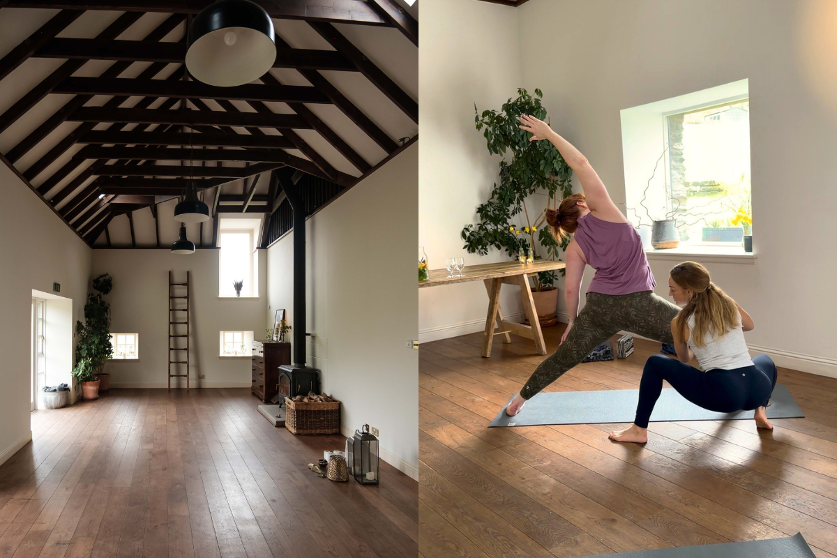 Yoga with Nala Louise of Wild Movement Collective in the steading yoga studio and festing room at Ballintaggart Farm