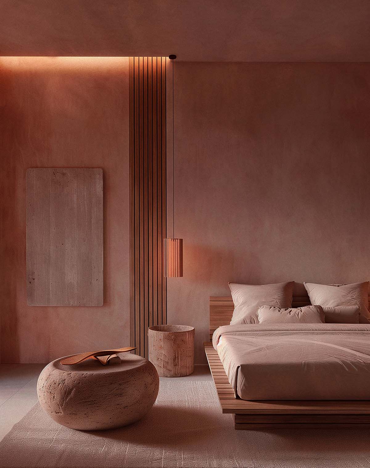 burgandy room with limewash walls a pink bed and pink lamps