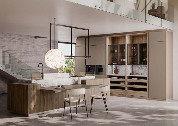 beige kitchen with industrial fixtures by Selan Design