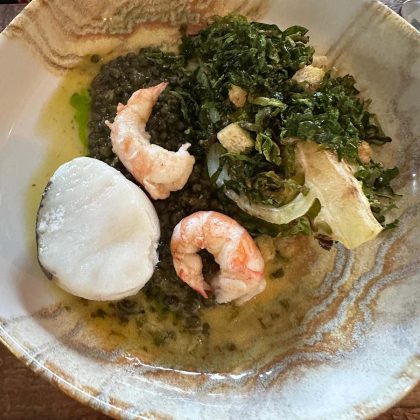 prawn salad with lemon and a boiled egg