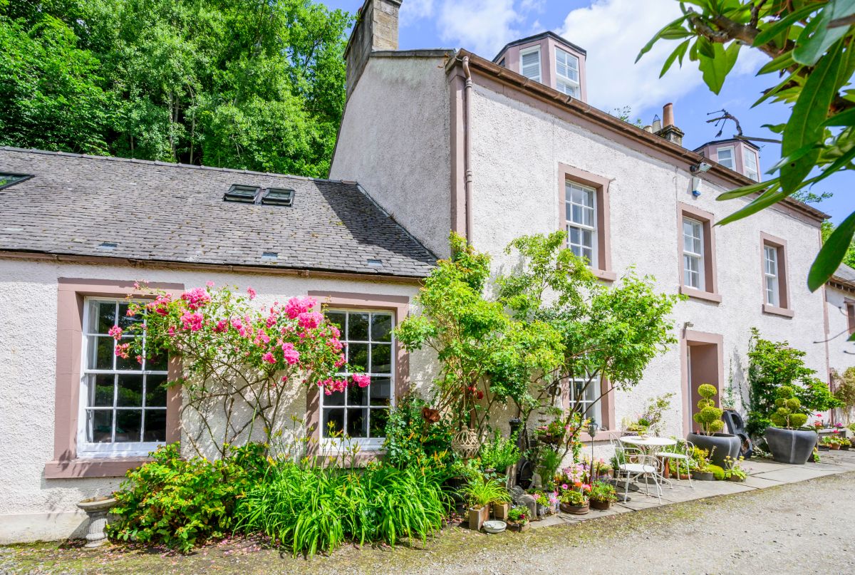 white cottage with ivy and flowers climbing its walls in Scotland; 'Blawlowan', a Georgian townhouse in Bridge of Allan