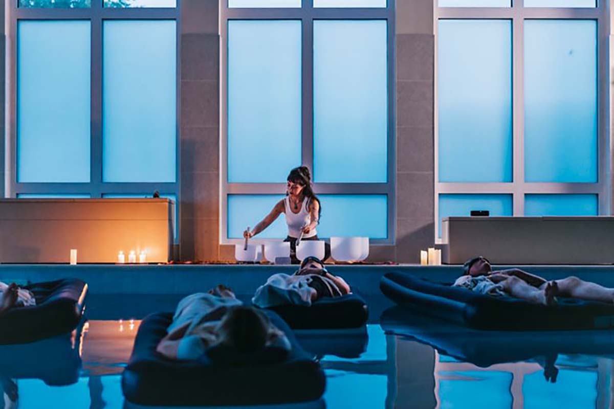sound meditation on a swimming pool