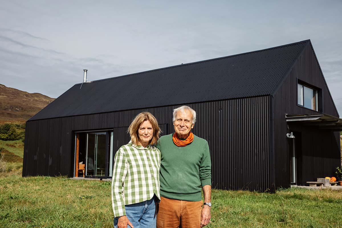 Owners of 'The Black Shed' on the Isle of Skye, a black timber house inspired by the blackhouses of the Hebrides