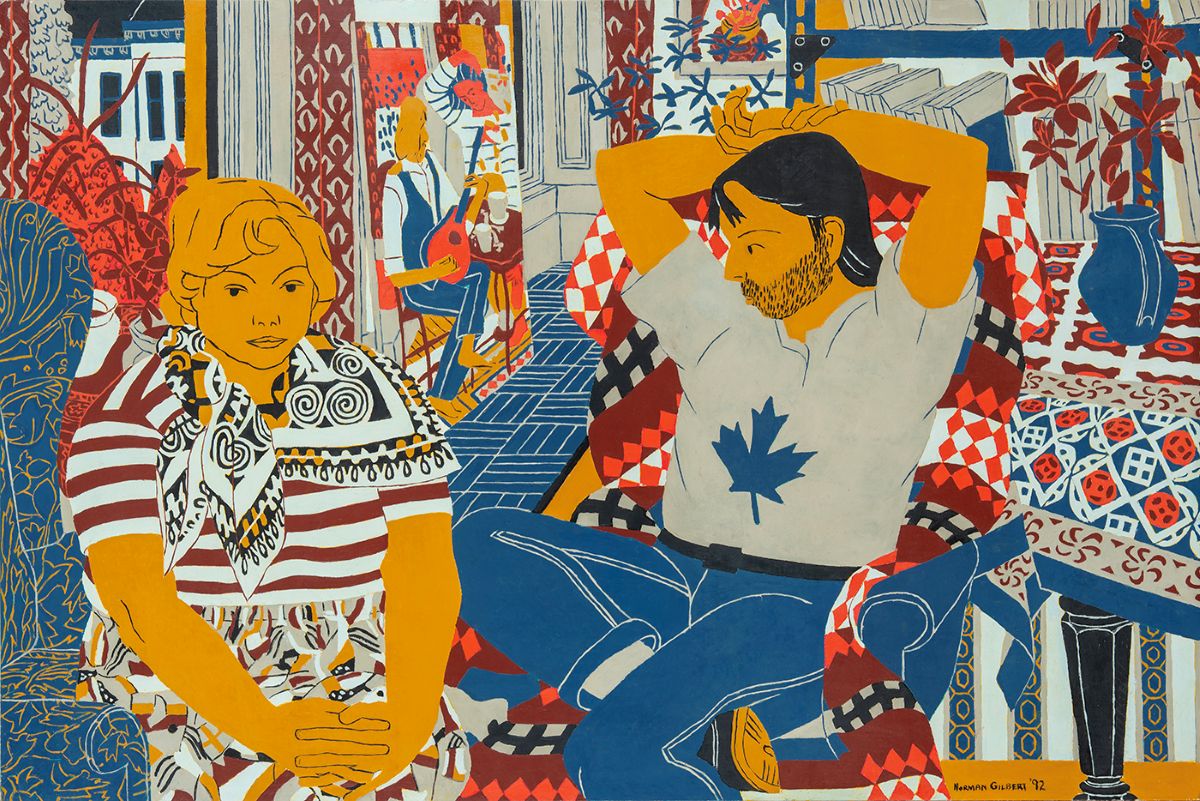 'Pat with Scarf Daniel with Maple Leaf', painted in 1992, oil on board, by Norman Gilbert