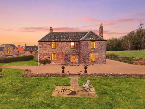 Twilight at Papple farmhouse in Scotland, one of Scotland's best luxury hotels, cottages and cabins