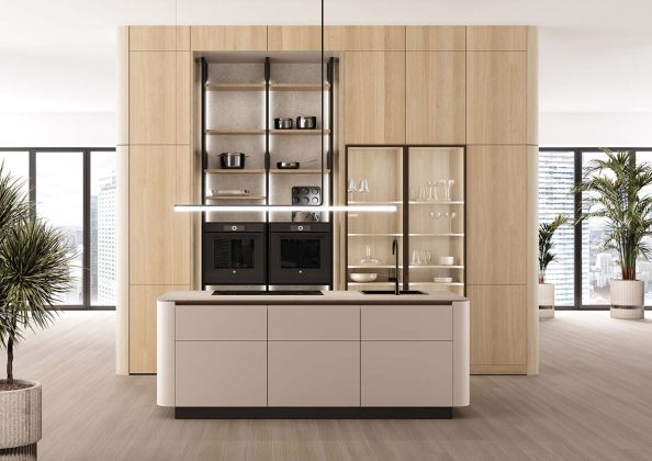 wooden panels and white breakfast bar by Selan Design