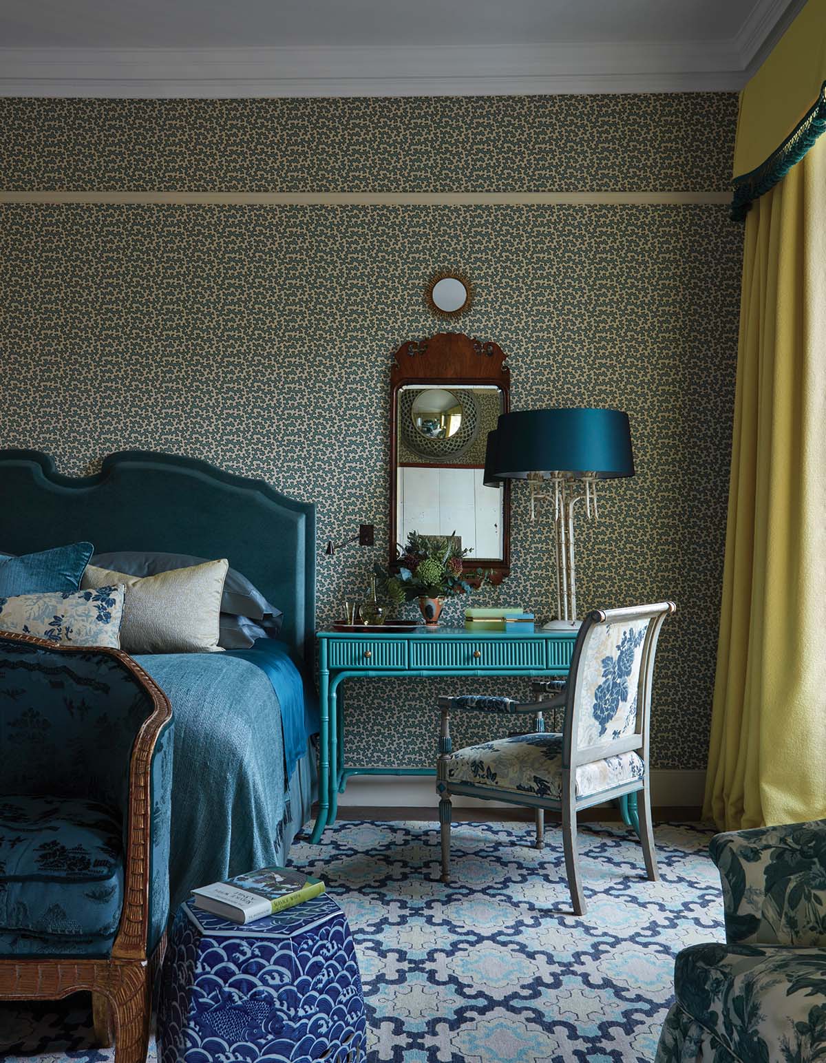 blue bedroom with yellow curtains, blue headboard and upcycled ornate vanity desk