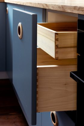 blue and oak kitchen by Handwerk Furniture Design, Scotland