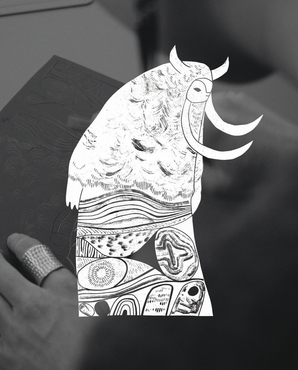 'Earth Mammoth' print by Morvern Graham folk storyteller and visual artist in Scotland